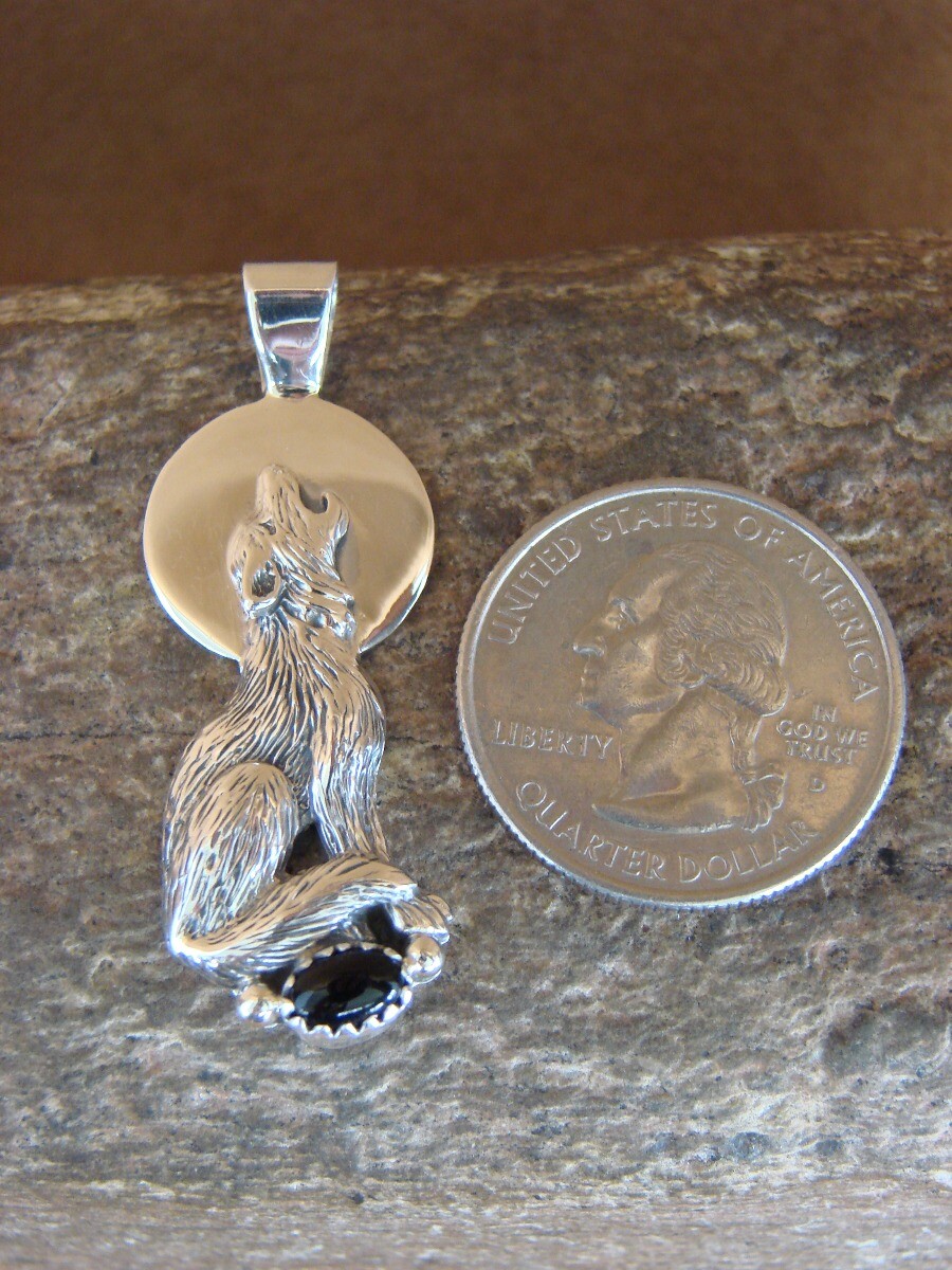 Navajo Indian Sterling Silver Hand Stamped Wolf Onyx Pendant by Yellowhair