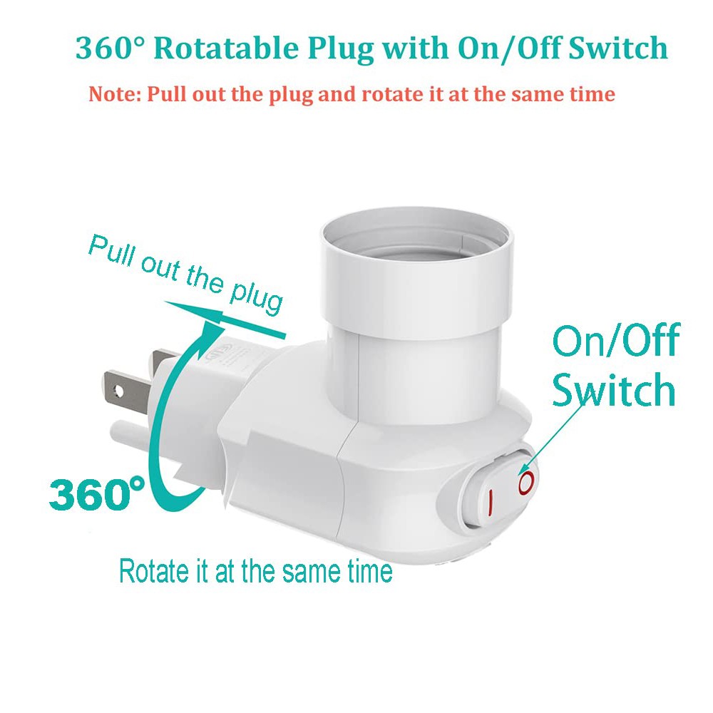 2Pcs 3-Prong Outlet to E26 E27 Plug in Light Bulb Socket with On/Off Switch Base