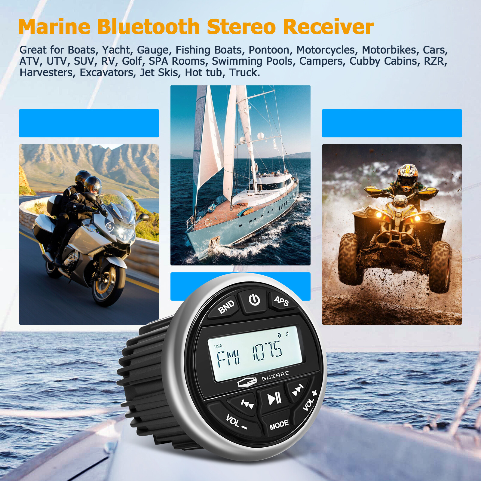 Marine Stereo Audio System Receiver with Bluetooth, USB, AUX input, FM/AM Radio