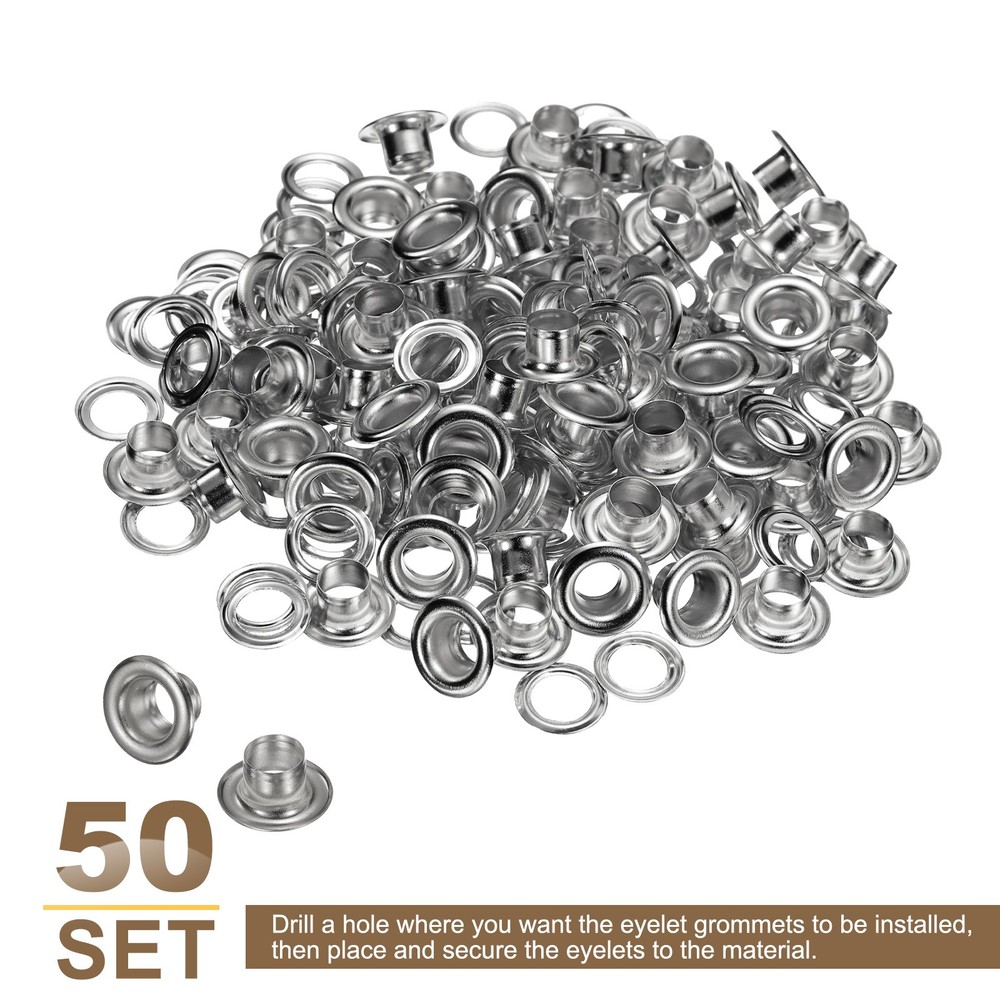 50Set Grommets Eyelets Kit 5mm Brass Eyelets with Washers, Silver