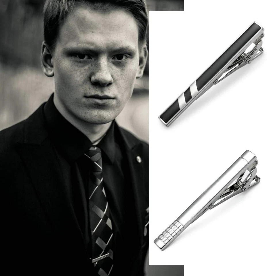 MOZETO Tie Clips for Men, Classic Style Silver Bar Set Regular Ties...