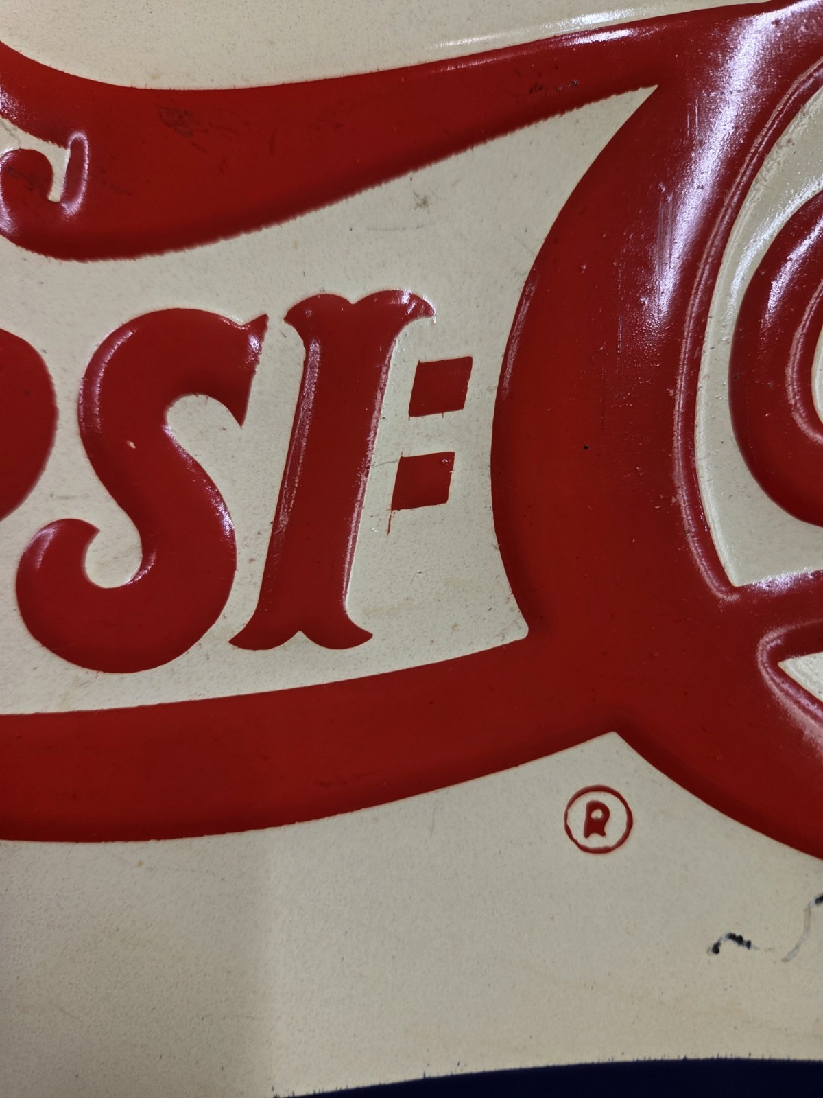 1940’s Embossed Double Dot Pepsi Cola Bottle Cap Sign Rack Topper