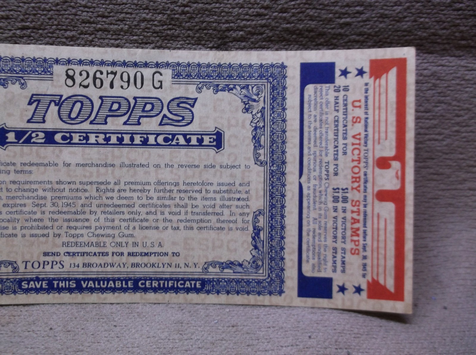 VINTAGE COLLECTIBLE 1945 TOPPS CHEWING GUM US VICTORY STAMPS 1/2 CERTIFICATE