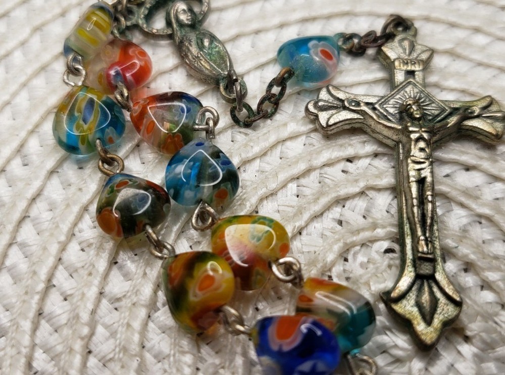 Vintage Rosary Chaplet Multicolor Glass Beads Christian H80