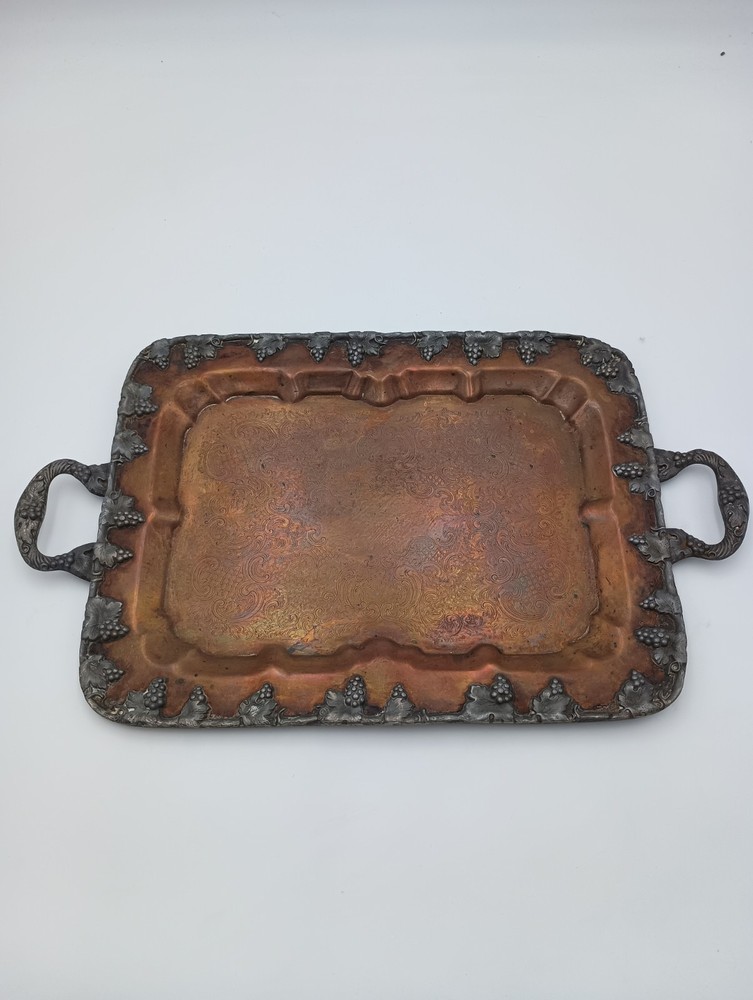 Antique Copper Handled Serving Tray Grapevine