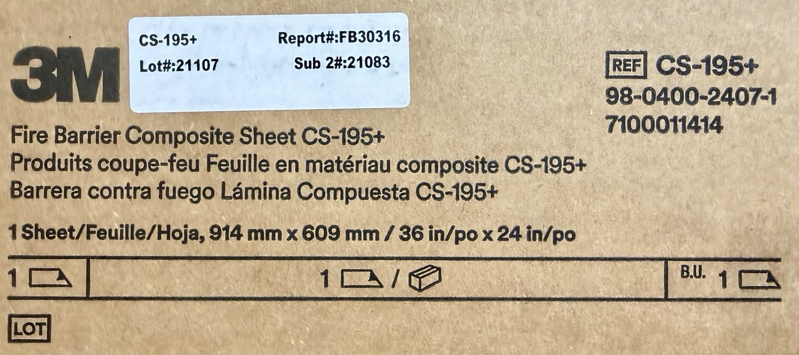 NEW 3M CS-195+ Fire Barrier Composite Sheet 36” X 24” #7100011414 - SHIPS FREE!!