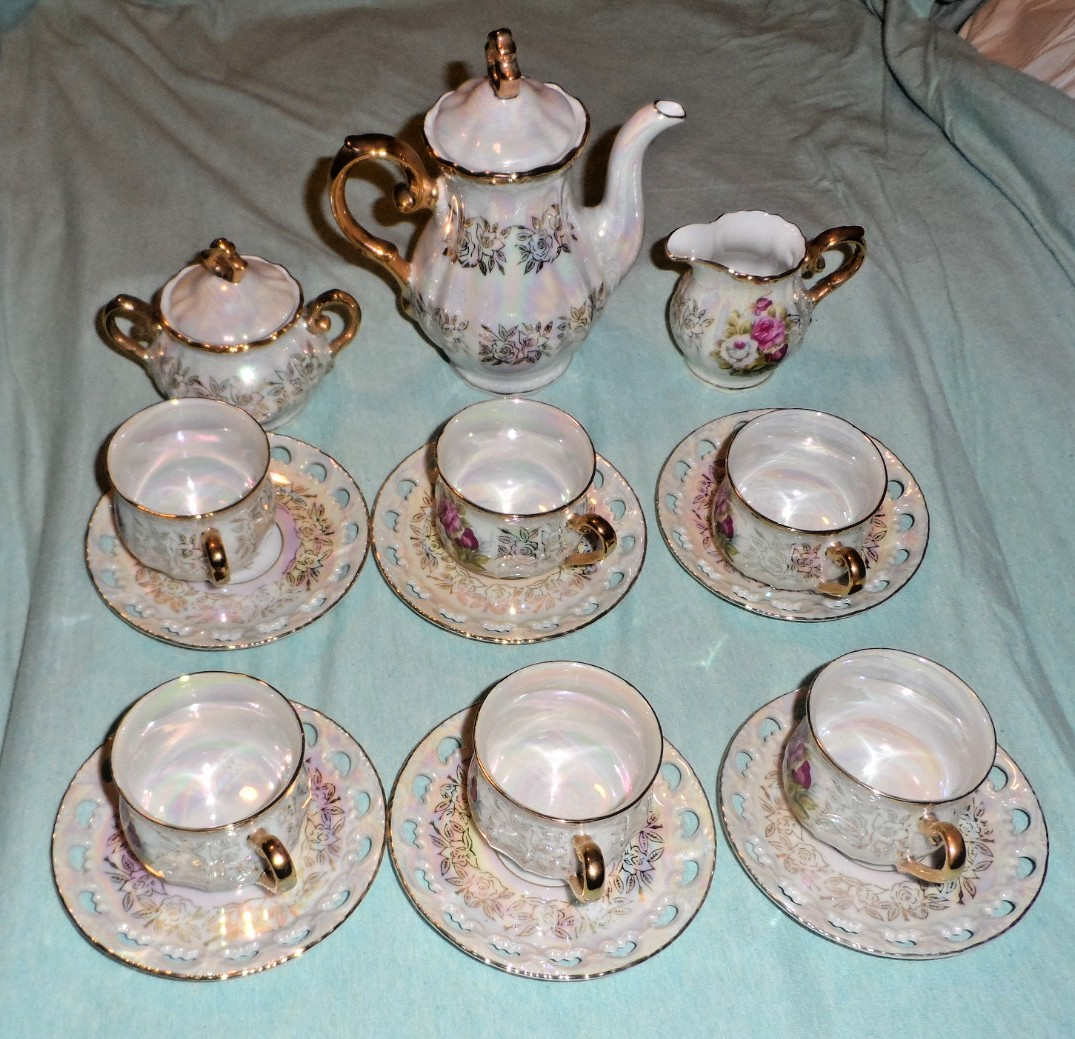 VINTAGE Fresh Iridescent China Tea Set-15 pcs-COMPLETE-Hand Painted Japan-BEAUTY