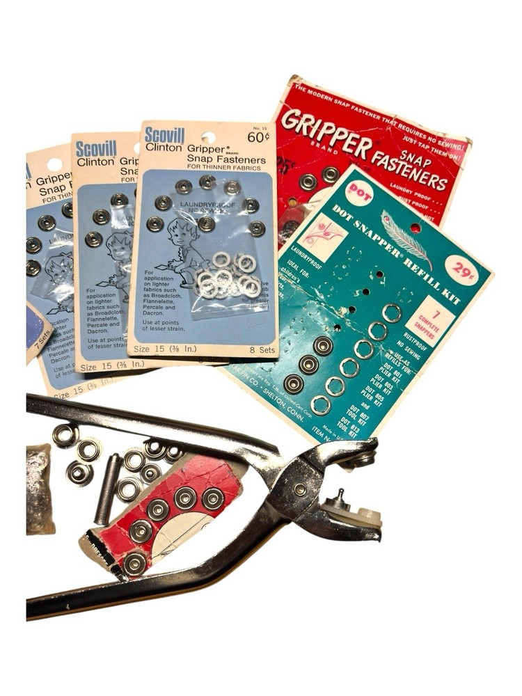 Vintage Sewing Snap Fasteners, Button Covers Lot With Tools