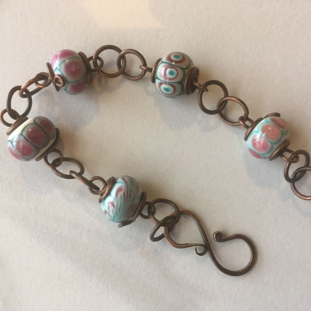 Handcrafted Copper n Lampwork Glass Link Bracelet.