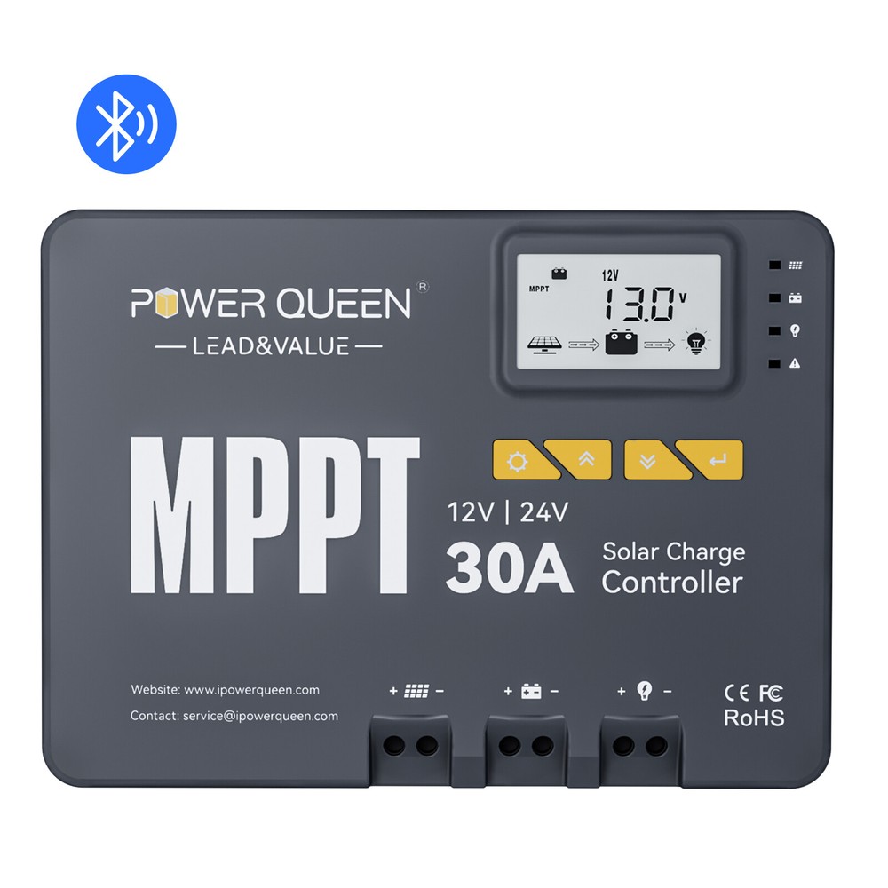 Power Queen 12V 24V 30A MPPT Smart Solar Charge Controller Regulator Bluetooth