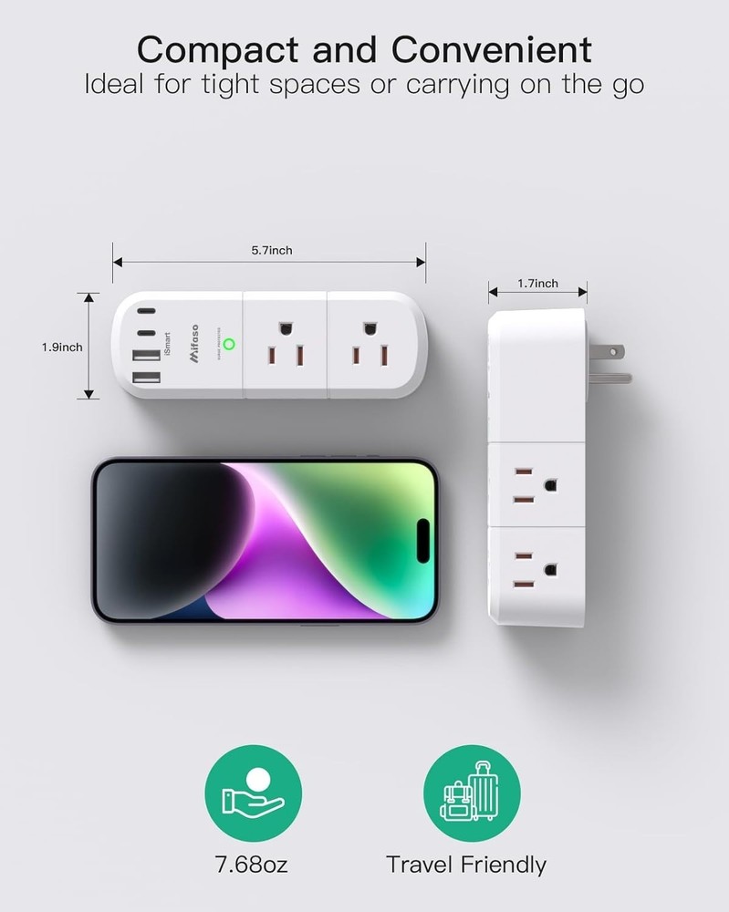 Compact Surge Protector Power Strip with Rotating Plug and 10-in-1 Functionality