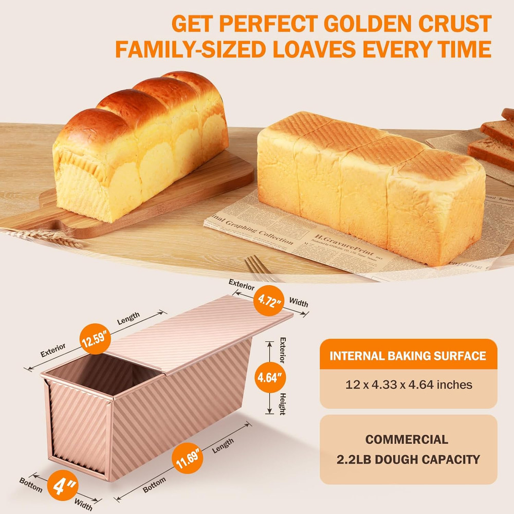2.2LB Pullman Loaf Pan with Lid, Toast Mold Nonstick Bread Pan Bakeware, Commerc