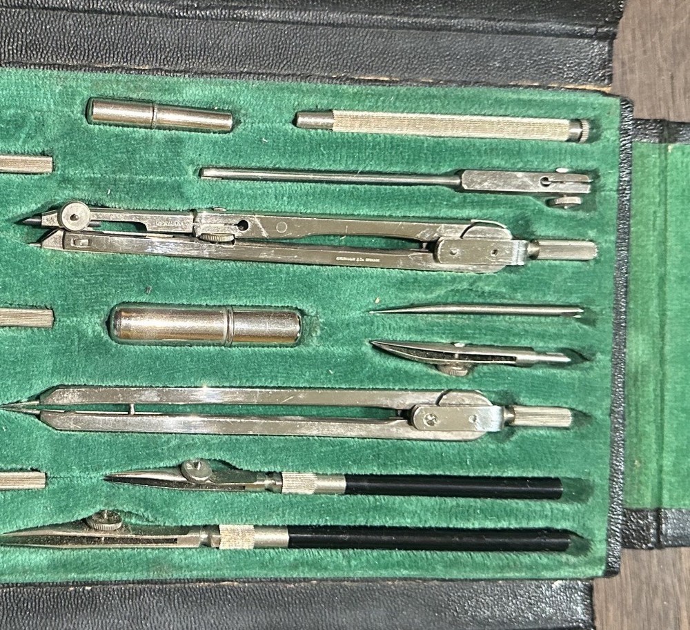 Vintage W Germany Complete kit! large Engineer Drafting Compass Set w/ Case