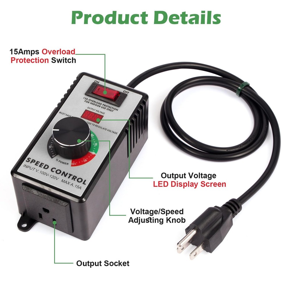 AC Motor Speed Controller 100-120V / 10A Rated / 15A Max Variable Fan Speed C...