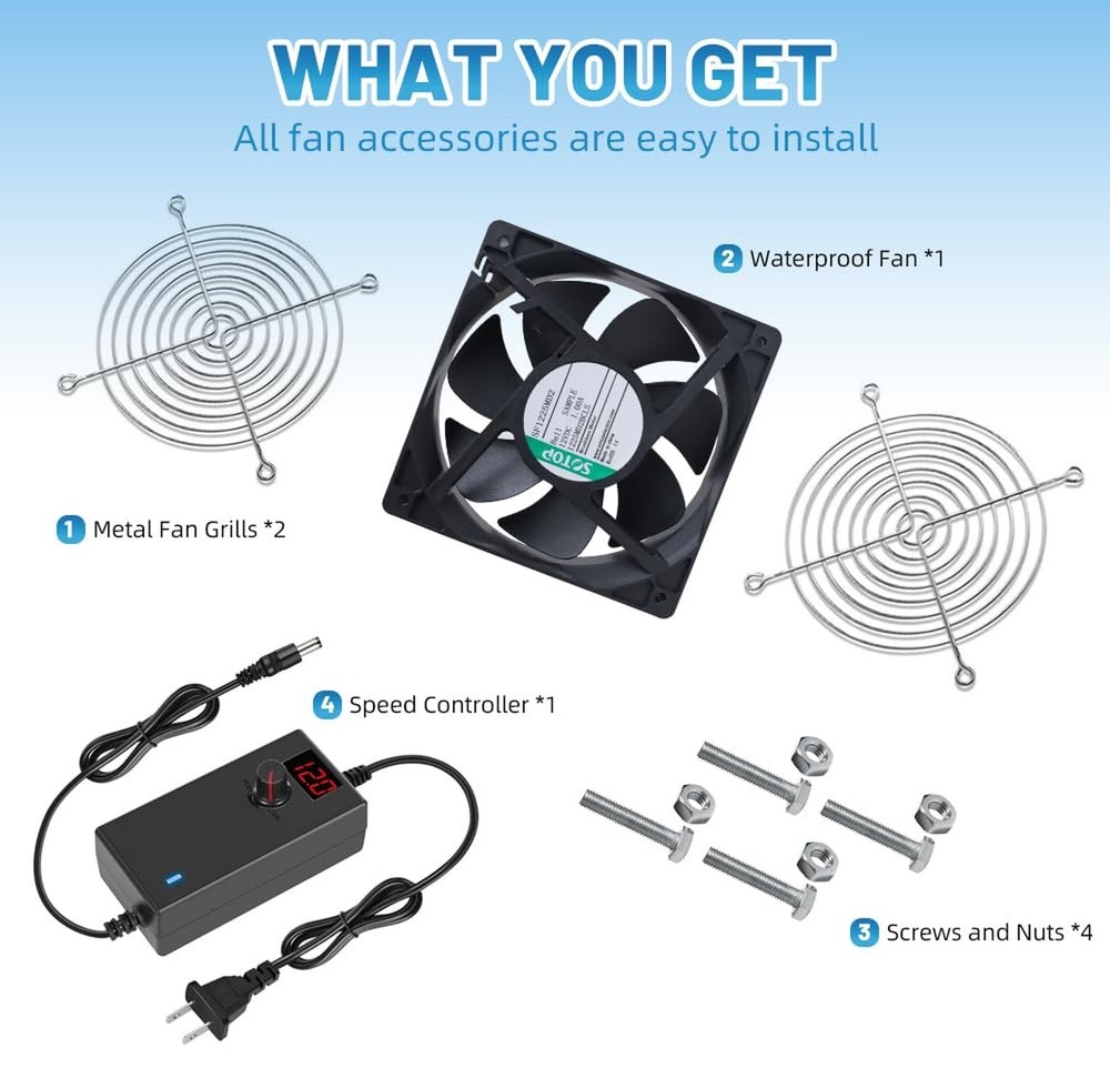 IP68 120mm Waterproof Fan with LED Voltage Display Speed Controller, 110V AC ...