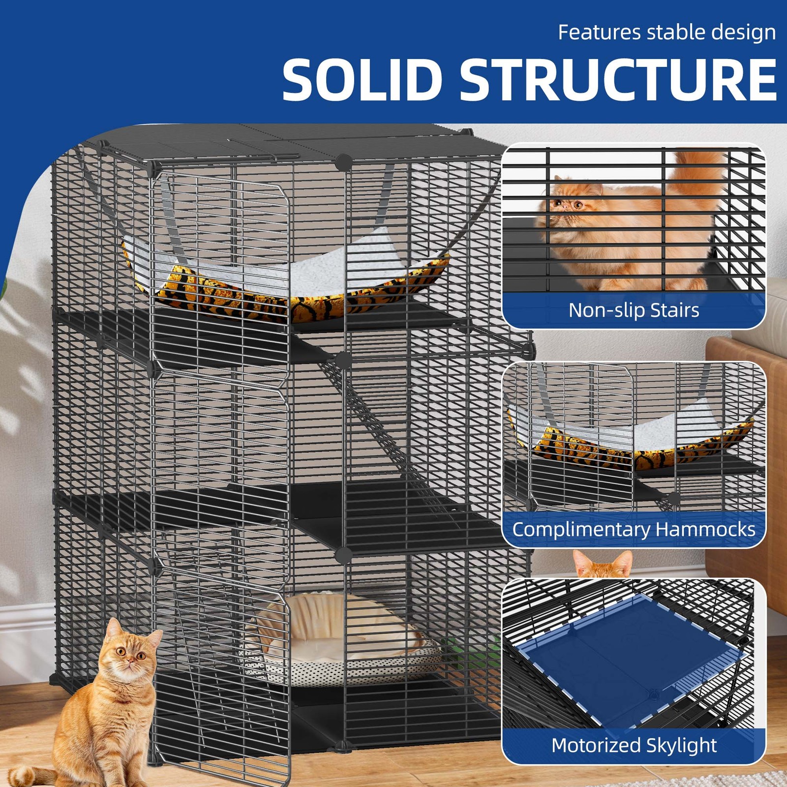 Cat Cage Indoor Cat Enclosures DIY Playpen Ferret Rabbit Metal Kennel w/ Hammock