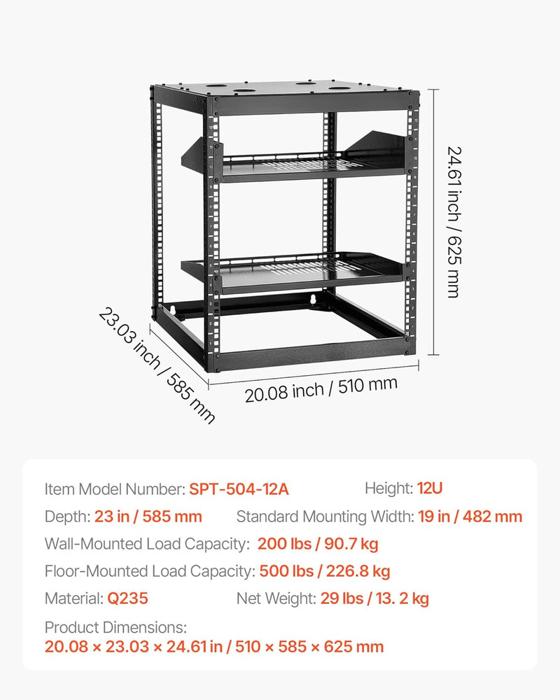12U Server Rack, Open Frame Network Rack for IT & AV Gear, Floor Standing or Wal