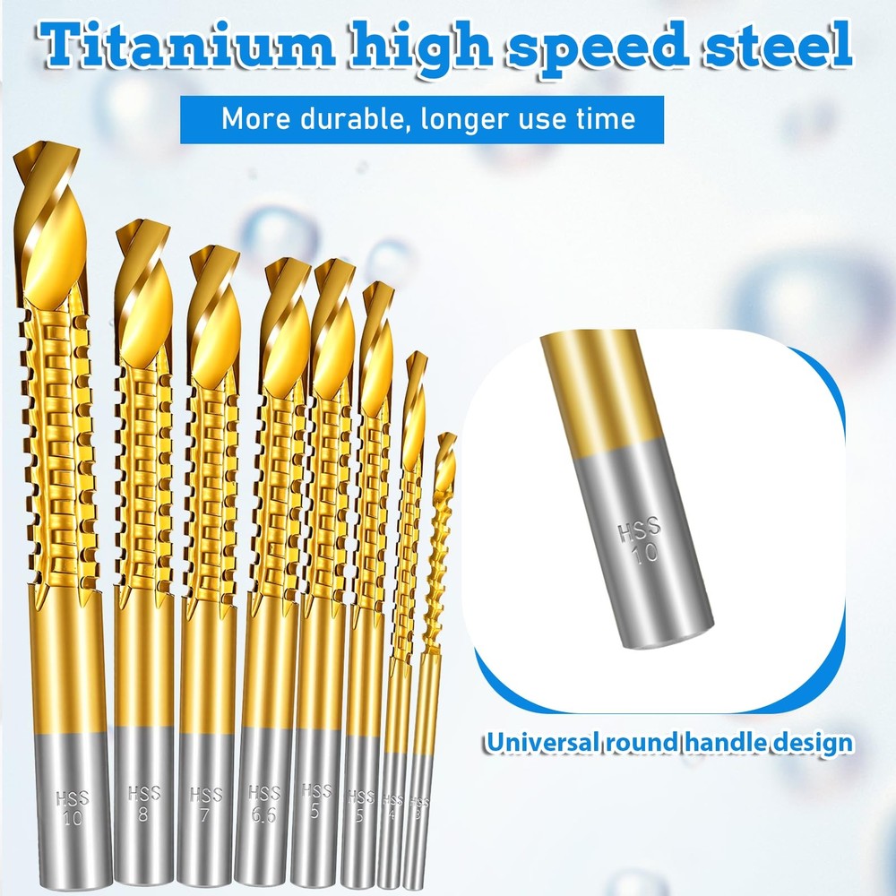 8 Pack Titanium Coated HSS Twist Drill Bits, 3-10Mm Serrated Side Cutting Drill