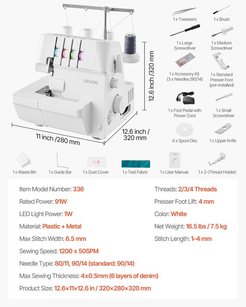 VEVOR Serger Sewing Machine Overlock Machine 1250 SPM 2-3-4 Thread Capability