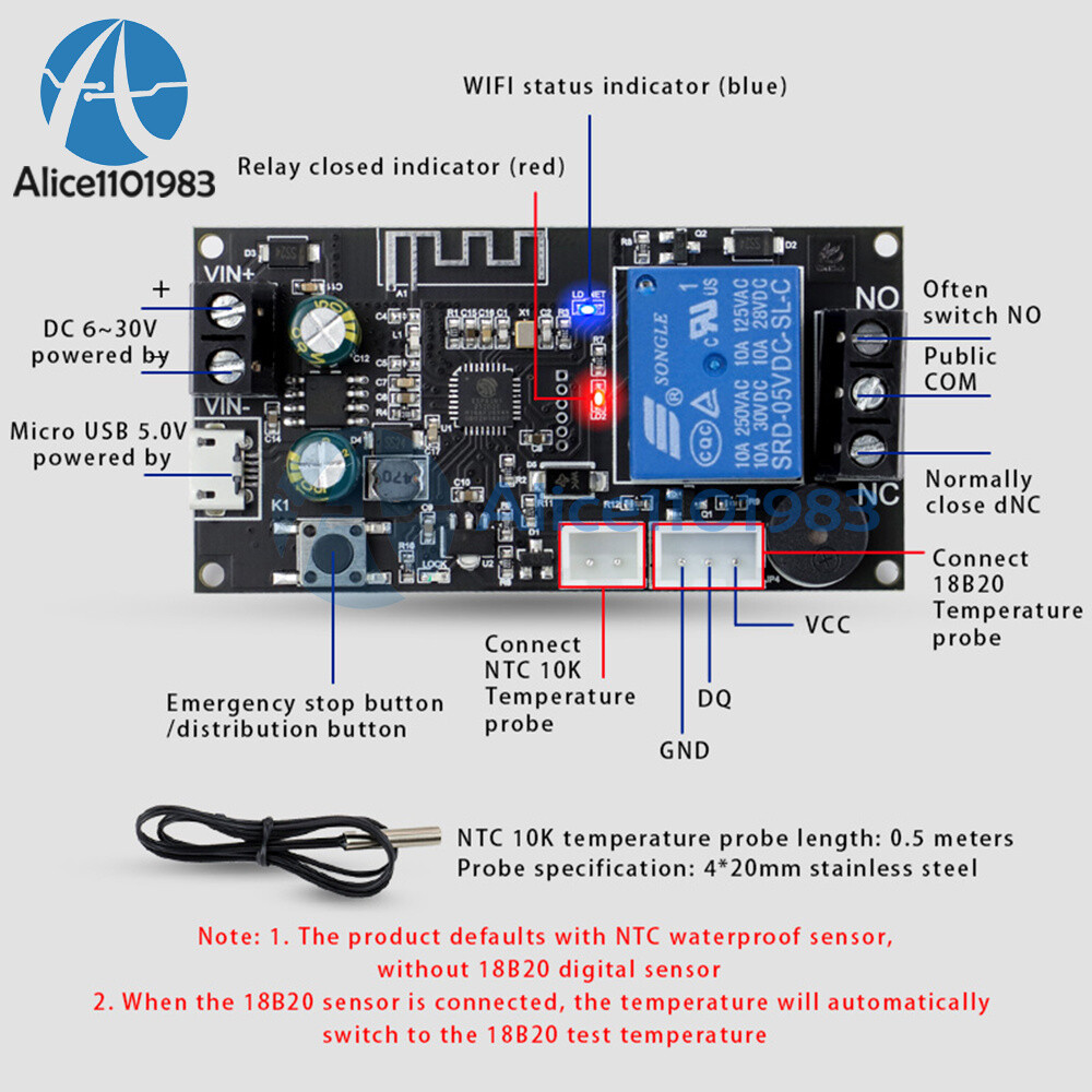 WIFI Remote Thermostat High Precision Temperature Controller Module DC6-30V New