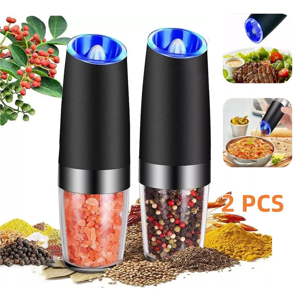 2 Pack Gravity Electric Salt and Pepper Grinder Mill Shaker Adjustable Automatic