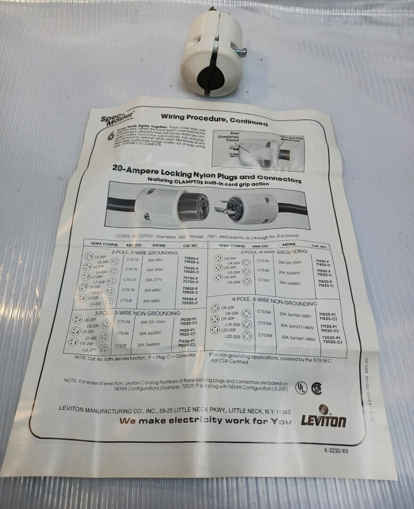 2 POLE 3 WIRE GROUNDING NYLON LOCKING PLUG LEVITON 70520-P
