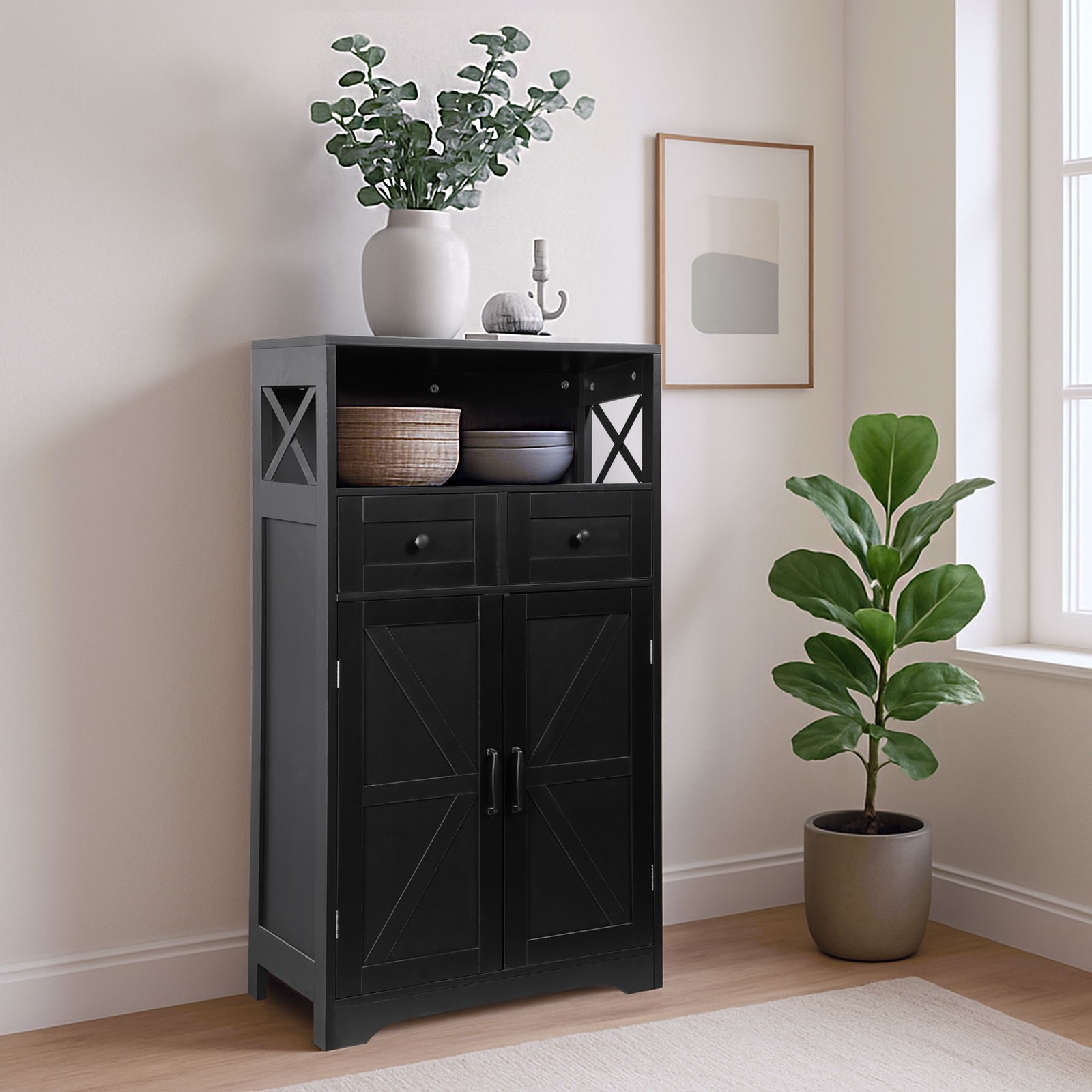 Black Storage Cabinet with Doors & Drawers Freestanding Kitchen Pantry Cabinet