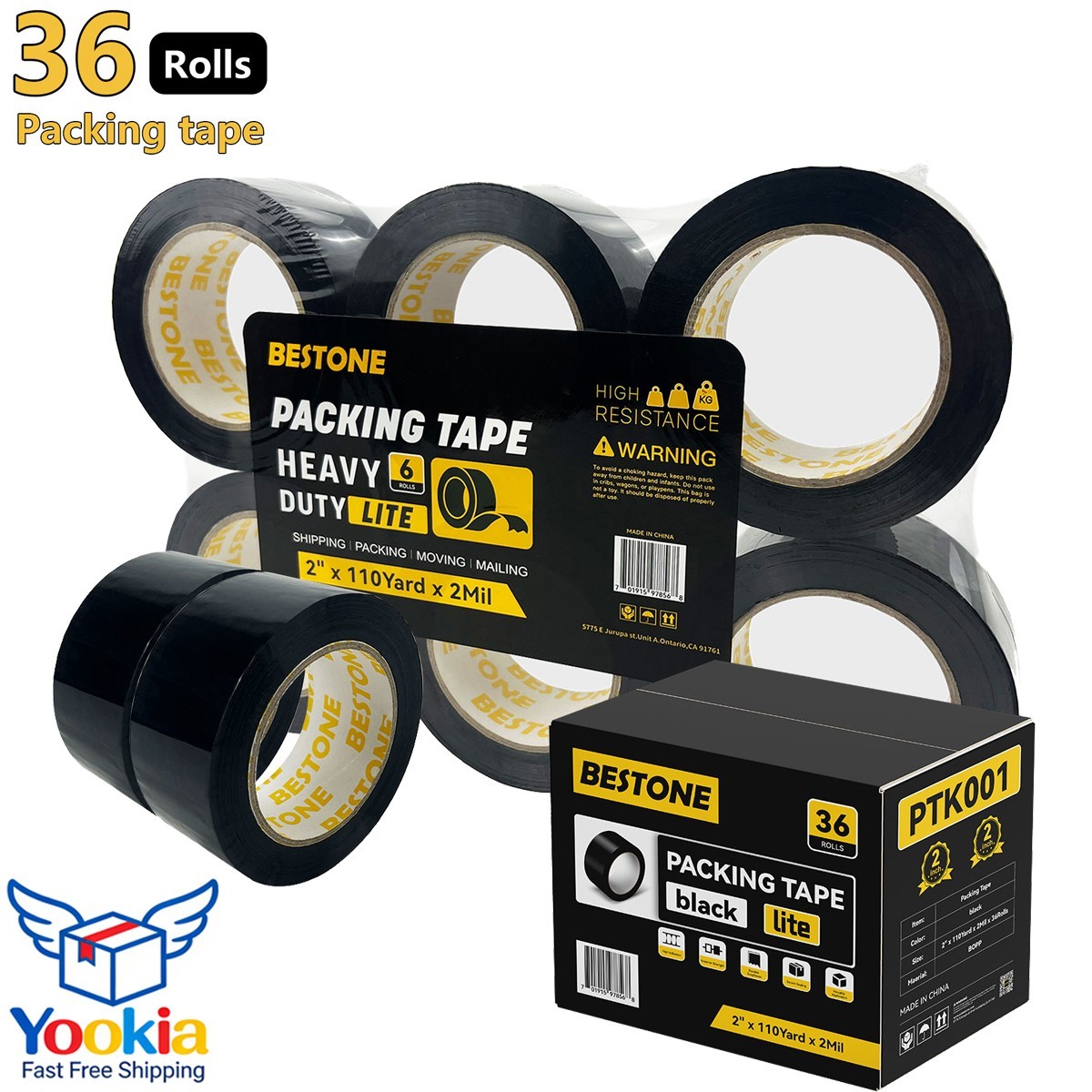1-36 Rolls Black Shipping Packaging Box Packing Sealing Tape -2 mil 2"x110 Yard