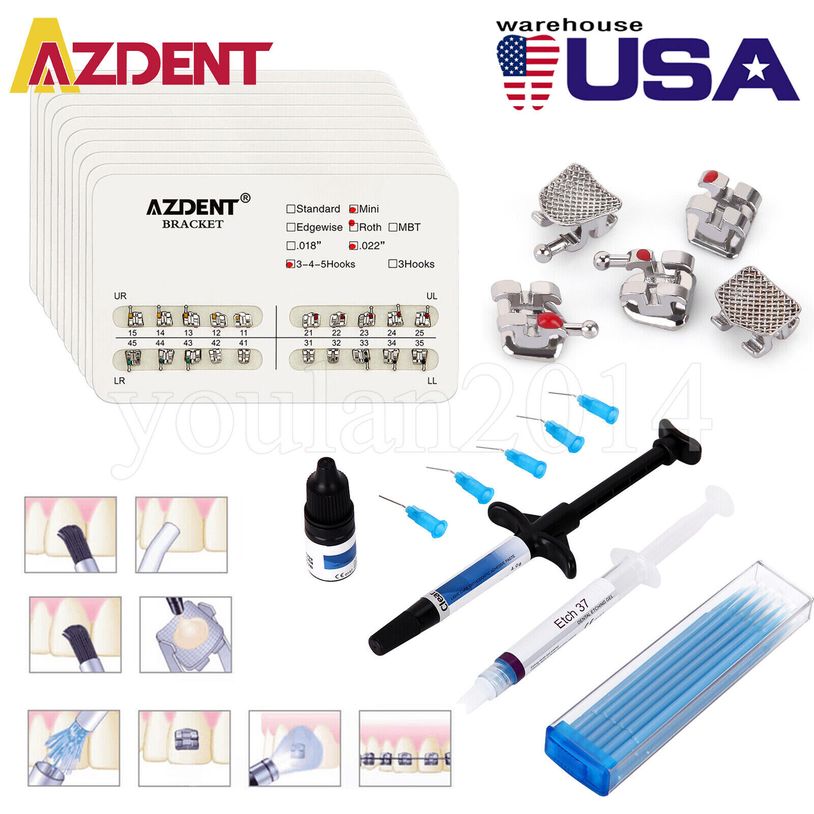 200Pc Dental Orthodontic Brackets Braces Mini Roth.022/Light Cure Adhesive Kit