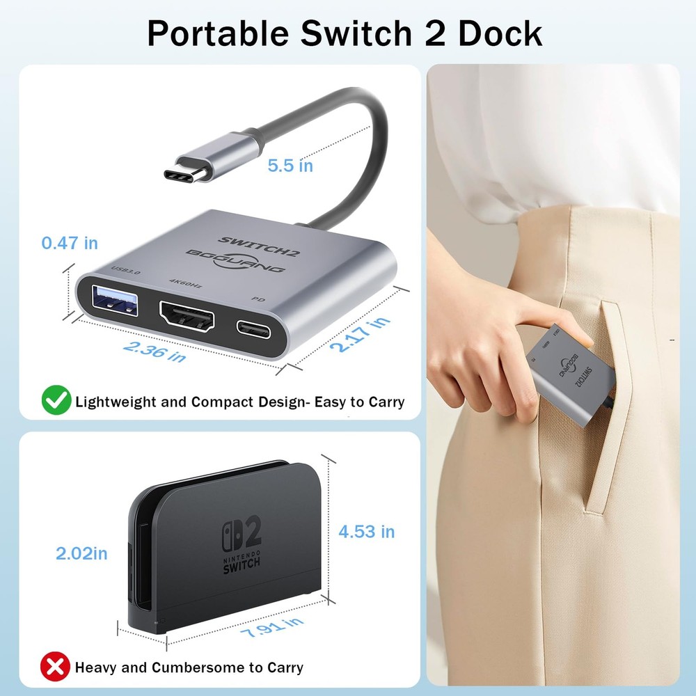 Switch 2 Dock, Switch 2 Docking Station, Portable TV Dock Station for Switch/...