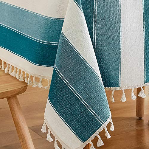 Striped Tassel Tablecloth Stitching Rectangle 120" x 55" (Rectangular) Teal