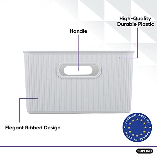 Superio 15L Medium Ribbed Storage Bin- Plastic Storage Bin (2 Pack White Smoke)