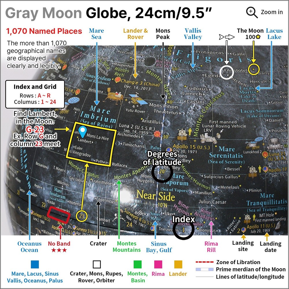 Mapsoft Explorer Illuminated Gray Moon Globe, 24cm/9.5", MI-24, Lamp, Light, Map