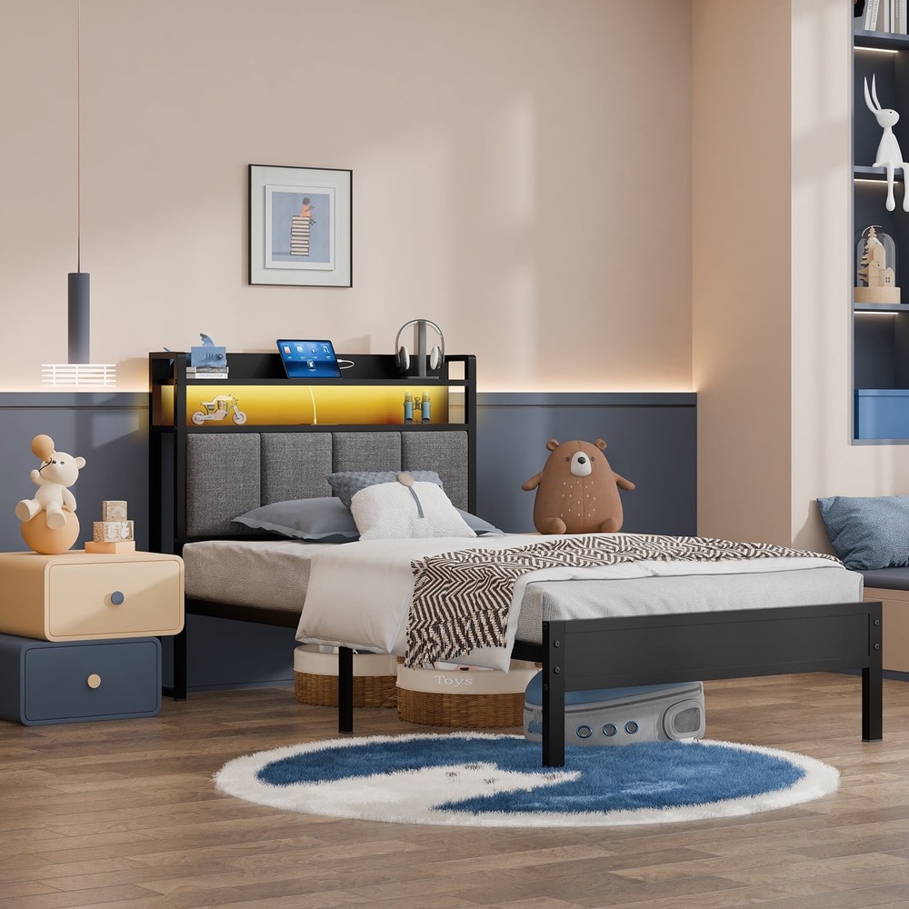 Storage Metal Platform Bed Frames with LED Light, Twin