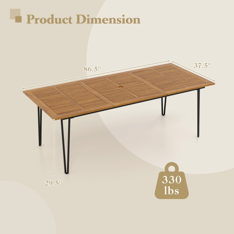 86.5'' Backyard Rectangular Dining Table w/ Acacia Wood Tabletop & Umbrella Hole