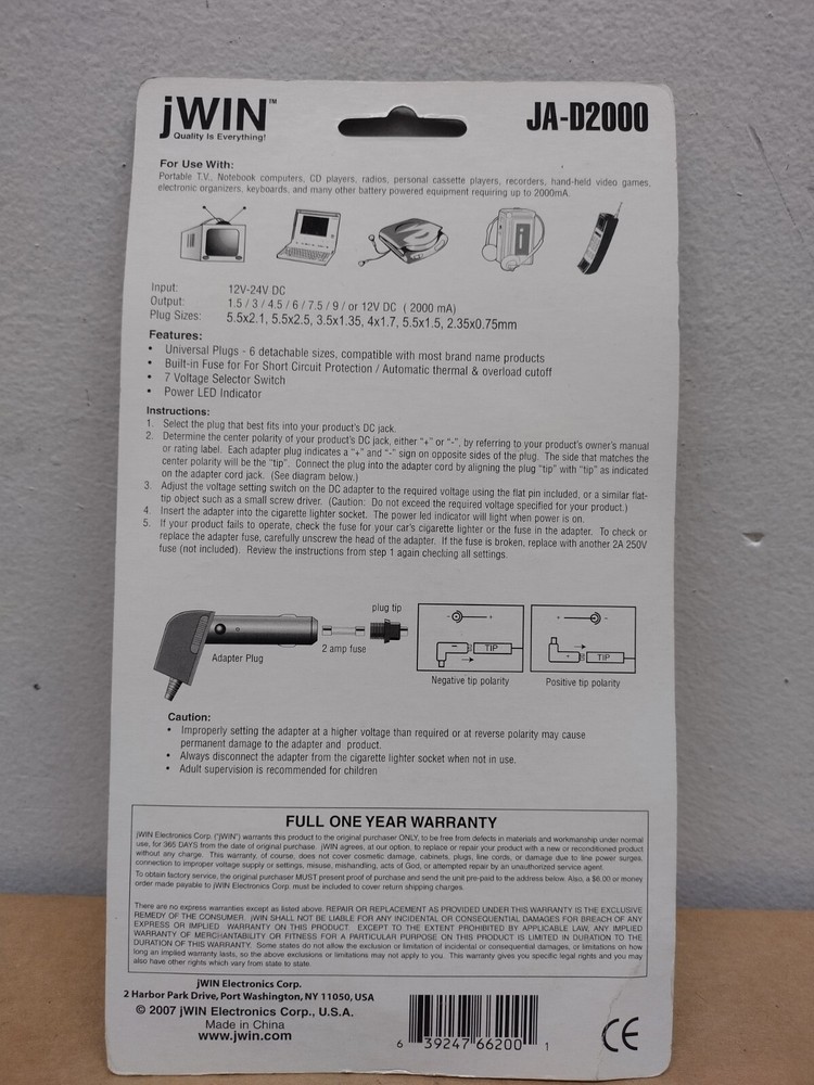 JWin Regulated DC Car Converter with 6 Interchangeable Plugs & Voltage Selector
