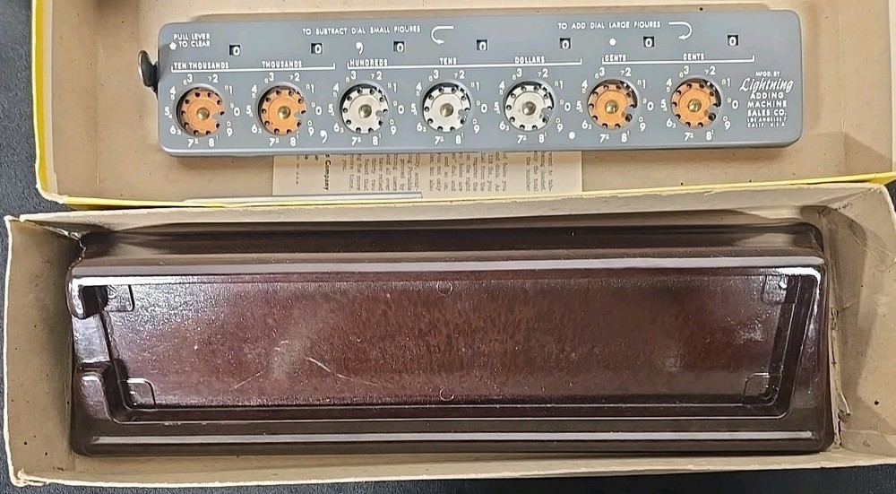 Vintage Lightning Portable Adding Machine. With Box, Tool, Machine And Stand