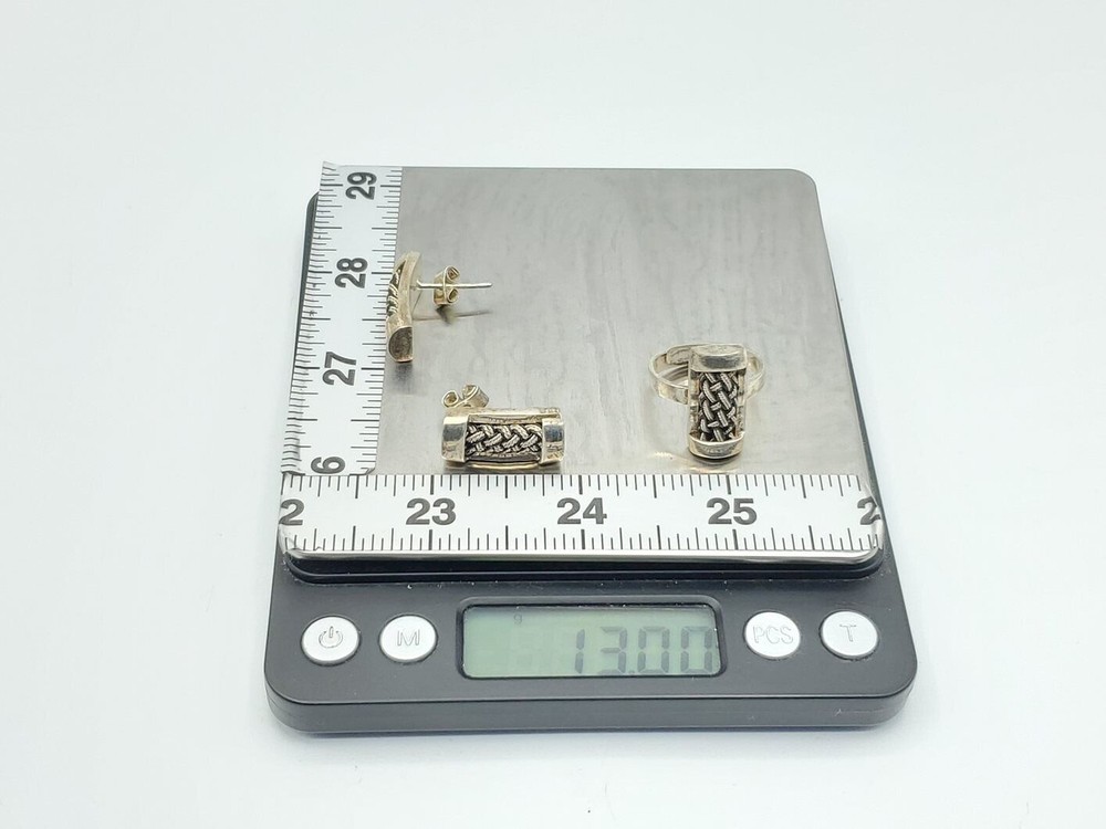 850 Sterling Silver Weave Pattern Ring And Earring Set