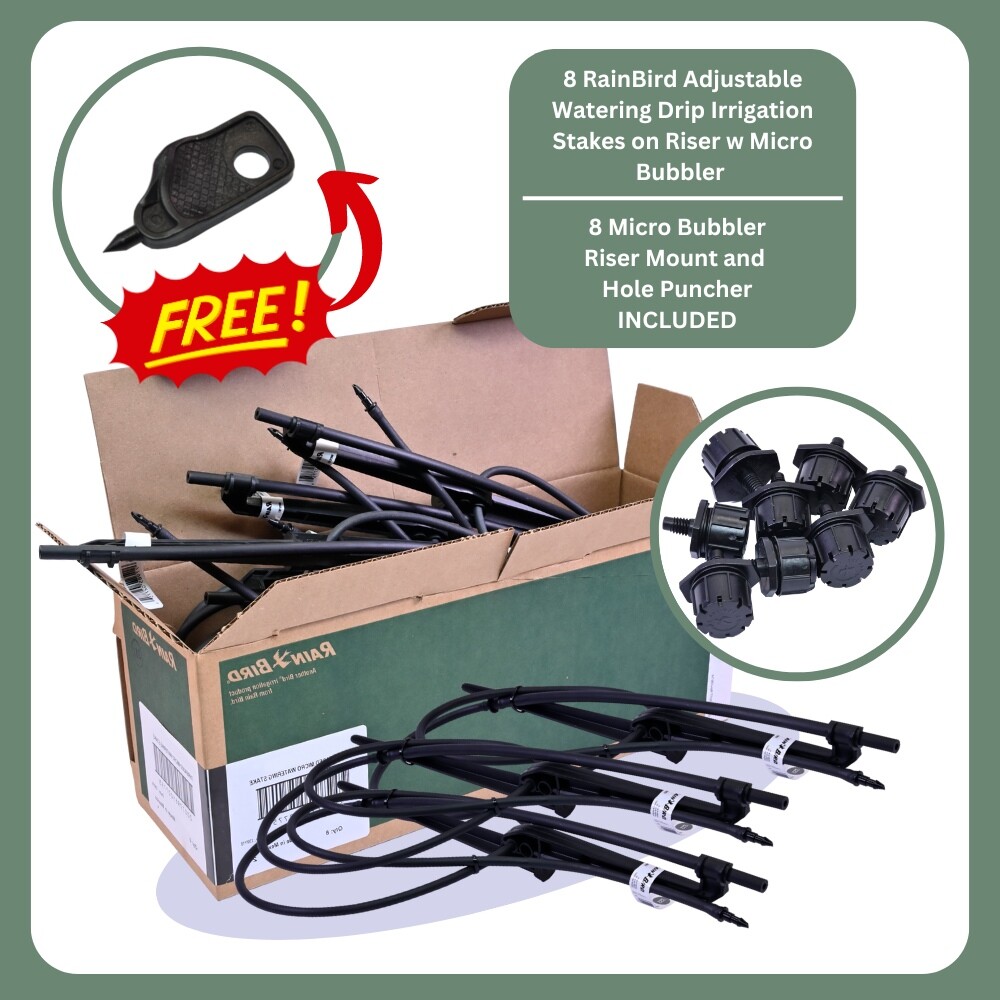 8 RainBird Adjutable Watering Drip Irrigation Stakes on Riser w Micro Bubbler