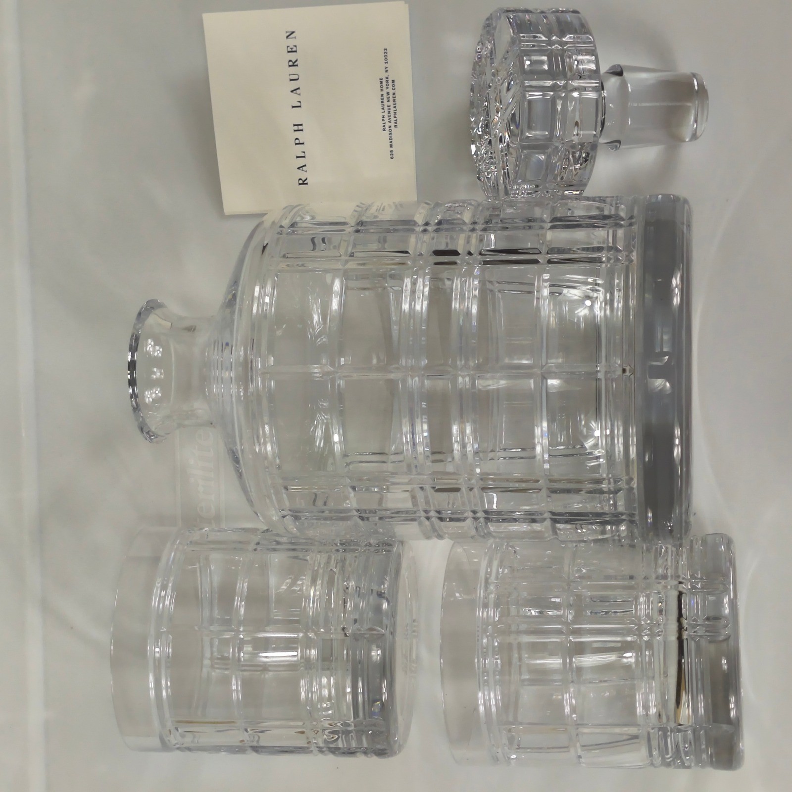 Ralph Lauren Hudson Plaid Crystal Decanter and 2 Glasses Gift Set