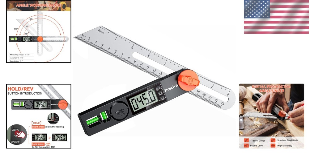 Versatile Digital Angle Finder with LCD & Bubbles, 8 Inch Precision Protractor