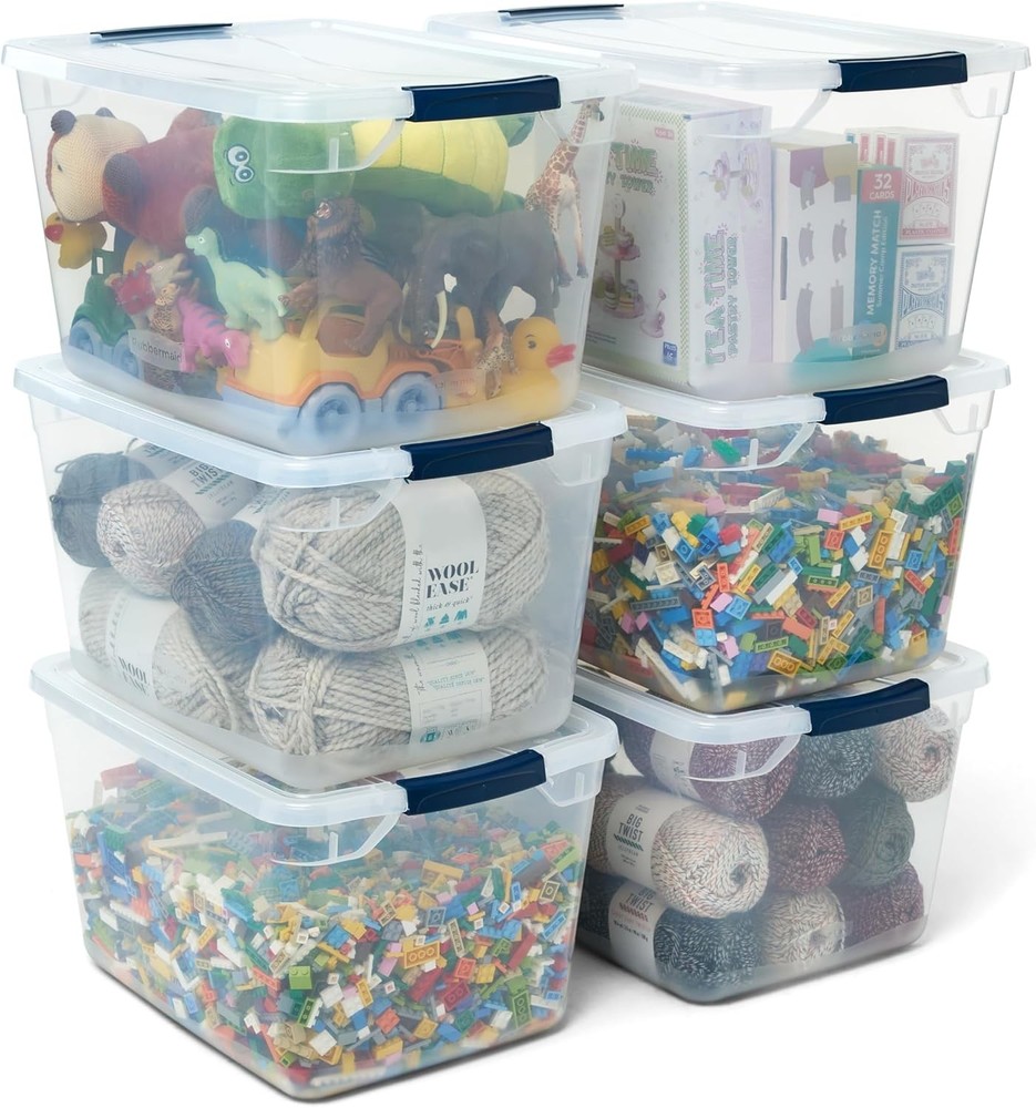 Cleverstore Clear 32 Qt 6 Pack Stackable Plastic Storage Bins W/ Lids Great
