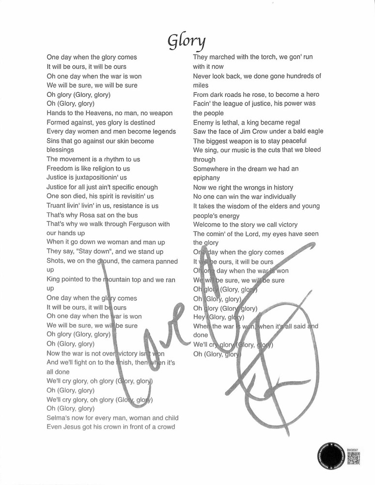 Common Signed 'Glory' Song Lyrics Script Cover BECKETT