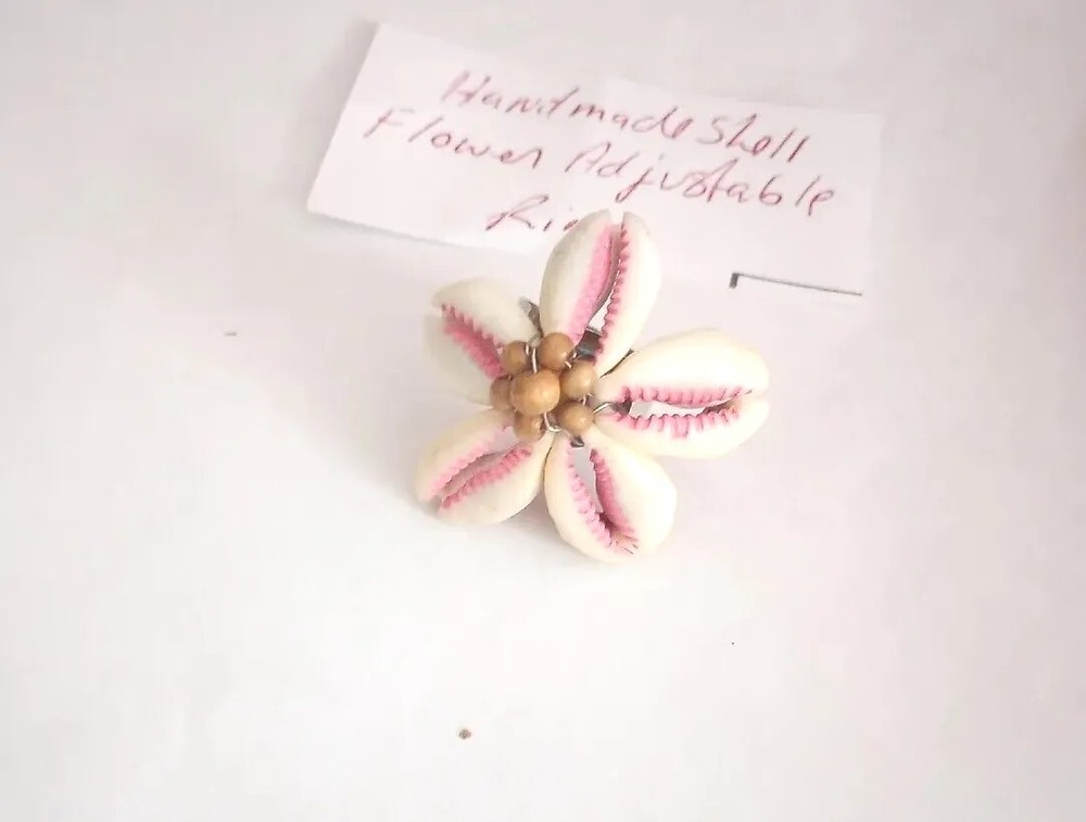 Hand Made Shell Flower White ,Pink, Brown Silver Tone Adjustable Ring