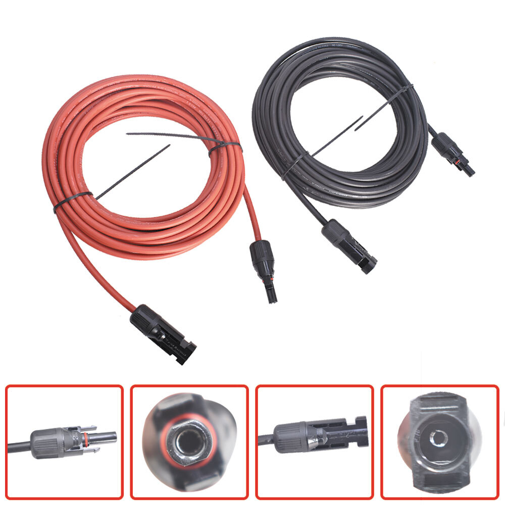 Solar Panel Extension Cable Wire Connector 1 Pair 30ft Black + Red 12AWG