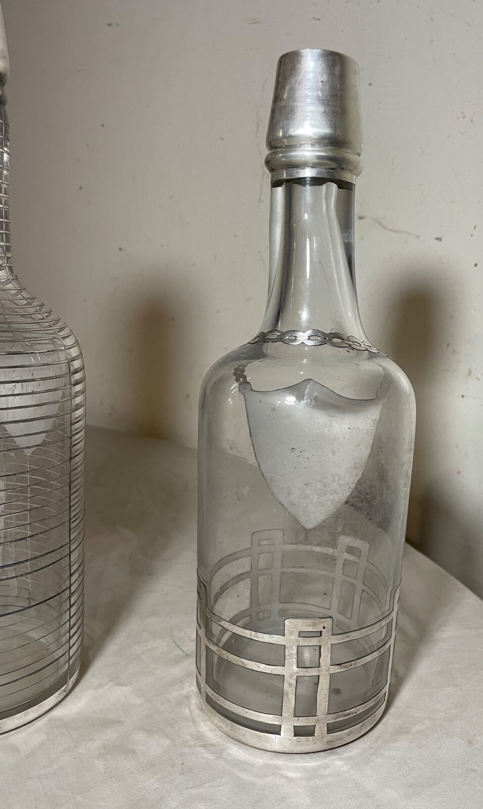 pair antique ornate sterling silver overlay glass liquor claret decanter bottle