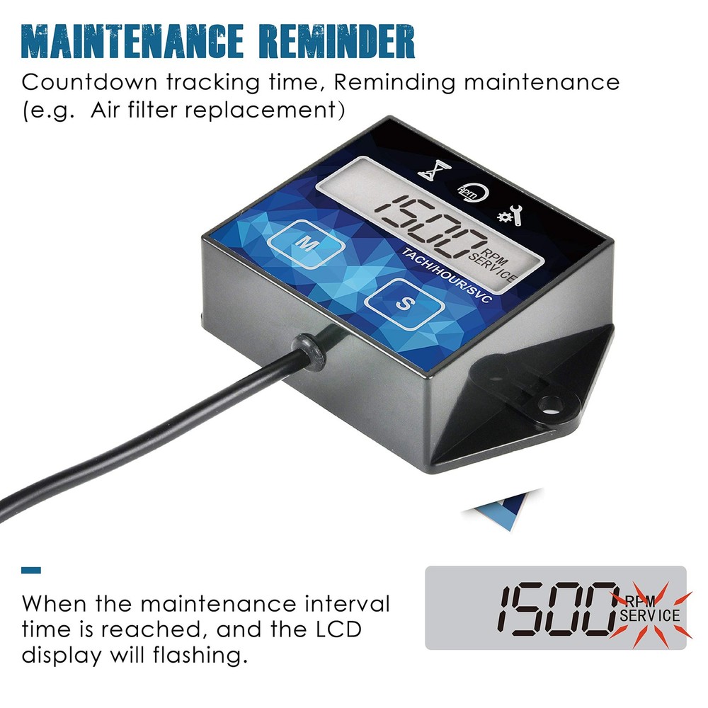 Small Engine Hour Meter, Digital Tachometer, Maintenance Reminder, Battery Re...