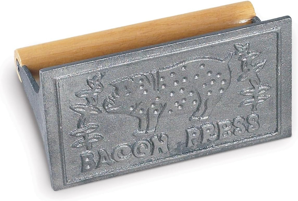 Heavyweight Cast Iron Bacon Press, Rectangular with Wood Handle, Stovetop Use