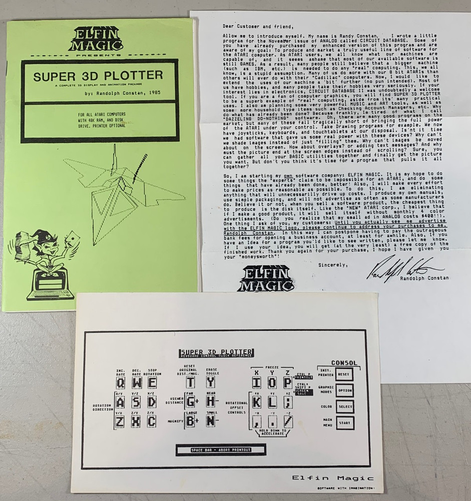 Vintage 1985 Elfin Magic Super 3D Plotter Atari PC Program Manual Graphics