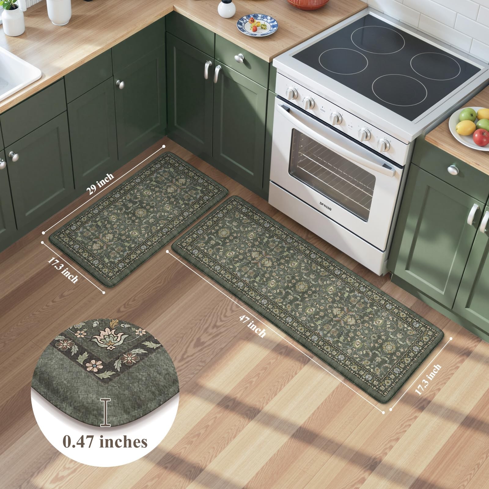 KIMODE Comfort Kitchen Mats 17.3" x 47"+ x 29"--0.47 inches, Dark Green